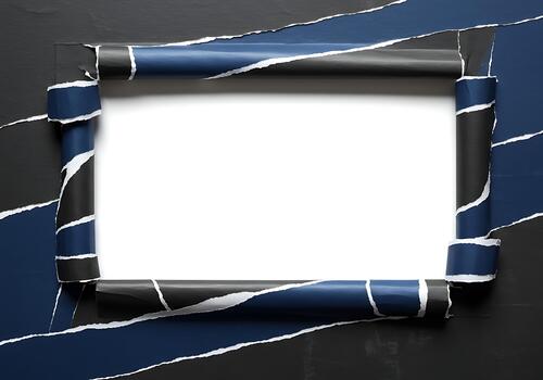 Unveiled white canvas surrounded by textural black and deep blue torn paper edges, creating a striking frame for your message or design photo
