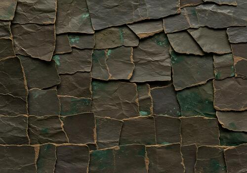 Deep rich weathered irregular slate tiles with subtle verdigris accents creating a rugged textural background pattern photo