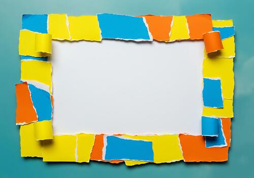 Vibrant torn paper frame on a serene teal background showcasing a blank white space for your custom message or creative content photo
