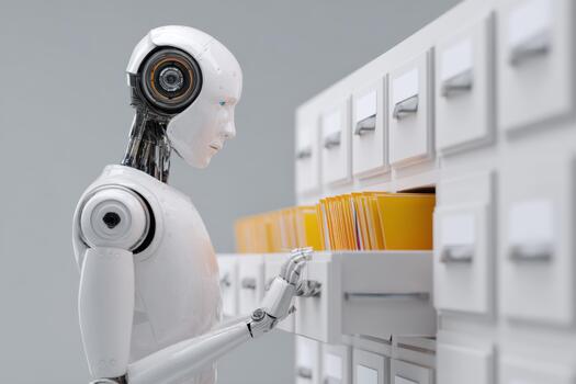 Humanoid organizing robot interacts with filing cabinet, retrieving yellow folders, showcasing advanced technology and minimalist design in a modern workspace environment with copy space photo