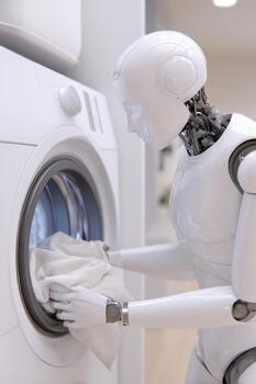 Humanoid robot with sleek design is loading laundry into washing machine in a modern, minimalist laundry room, showcasing advanced technology and automation in everyday tasks photo
