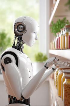 Humanoid robot organizing jars on a shelf in a bright kitchen, showcasing advanced technology and minimalistic design with a focus on efficiency and orderliness photo