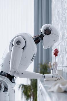 Humanoid robot with sleek metallic design is leaning over a countertop in a modern interior, showcasing advanced technology and minimalist aesthetics with copy space photo