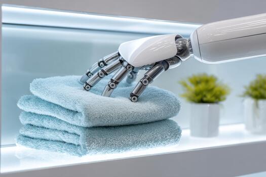 Service robot with metallic arm dusting neatly stacked towels on a shelf, showcasing advanced technology and minimalistic design in a modern environment with copy space photo
