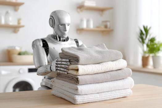 Humanoid robot neatly folding towels in a modern kitchen, showcasing advanced technology and minimalistic design with soft colors and clean lines, perfect for home automation concepts photo