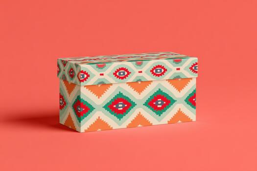 Rectangular spice packaging with vibrant geometric patterns, placed against a coral background, showcasing minimalist design and colorful aesthetics for modern culinary use photo