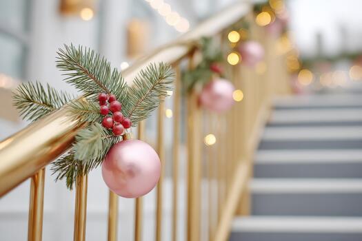 Pine garland adorned with pink ornaments and berries elegantly drapes over a golden railing, creating a festive atmosphere with soft bokeh lights in the background photo