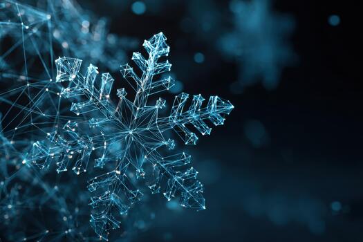 Glowing wireframe snowflake in neon cyan color, showcasing intricate geometric patterns and luminous details, set against a dark background with copy space for design photo