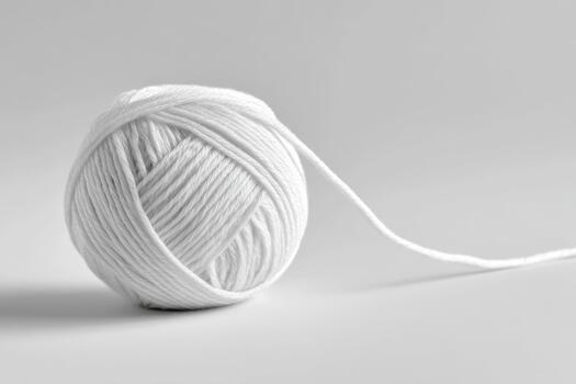 Minimalist photography of a tangled ball of white yarn on a soft gray background, showcasing texture and simplicity with copy space for design purposes photo