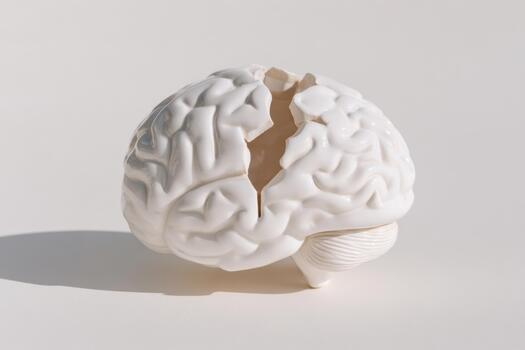 Broken ceramic brain sculpture on a minimalist background, showcasing intricate details and textures, symbolizing fragility and the complexity of thought with copy space photo