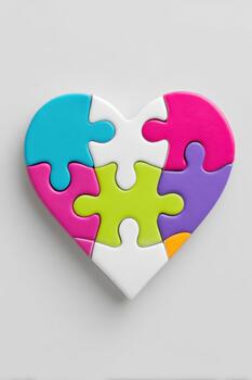 Grayscale broken puzzle pieces arranged in a heart shape on a minimalist background, symbolizing the concept of love and connection in a modern artistic style with copy space photo