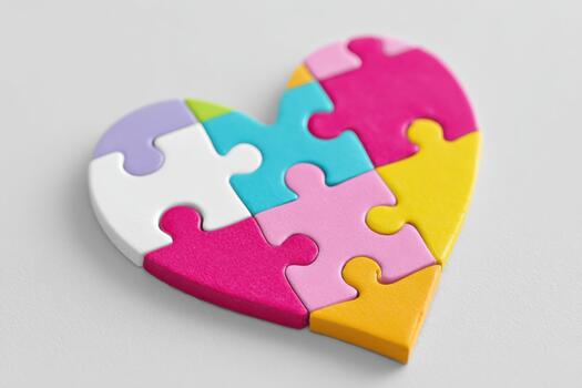 Grayscale broken puzzle pieces arranged in a minimalist style, showcasing the beauty of imperfection and the concept of incomplete connections in a serene setting photo