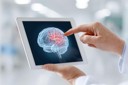 Doctor's hand pointing at digital tablet displaying brain scan, showcasing advanced medical technology and innovation in healthcare with copy space for text photo