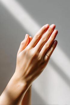 Silhouette of a single praying hand against a soft gradient background, capturing a moment of reflection and spirituality with copy space for text overlay photo