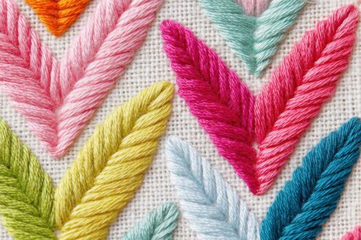 Colorful stitched embroidery featuring vibrant threads in a chevron pattern, showcasing intricate craftsmanship and artistic design with copy space for text placement photo