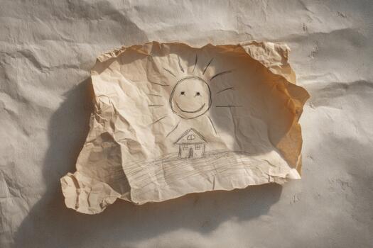 Childlike drawing of a smiling sun on crumpled paper, with rays shining above a simple house, creating a warm and cheerful atmosphere with copy space photo