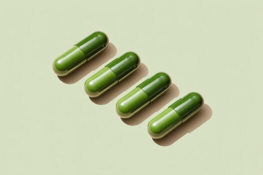 Green capsules arranged in a row on a soft pastel background, showcasing minimalist design and natural elements with a calming aesthetic and subtle shadows for visual depth photo