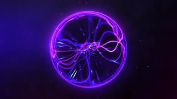 abstrato brilhante gradiente partícula esfera rotativo com brilhando colorida energia linhas em Sombrio fundo. desatado futurista 4k ciclo animação. video