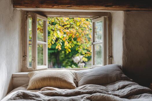 Rustic bedroom with linen bedding, open windows revealing autumn foliage, creating a cozy and inviting atmosphere for relaxation and tranquility in a serene setting photo