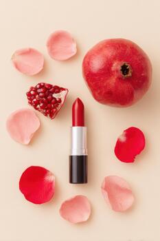 Minimalist still life featuring vibrant pomegranate, red lipstick, and delicate rose petals arranged harmoniously on a soft beige background, creating a visually appealing composition with copy space photo