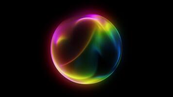 abstrakt lysande neon sfär med regnbåge gradienter på djup svart bakgrund, sömlös looping dynamisk klot av ljus med mjuk maska textur, trogen digital energi kärna effekt för avancerad video