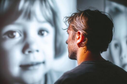 Man watching home movie projected on wall, captivated by nostalgic images, evoking memories and emotions in a cozy, intimate setting with soft lighting and a reflective atmosphere photo