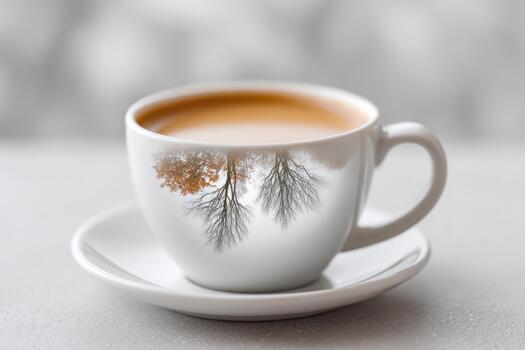 Minimalist photography of a white cup of coffee reflecting autumn trees, showcasing a serene atmosphere with soft bokeh background and elegant design elements photo