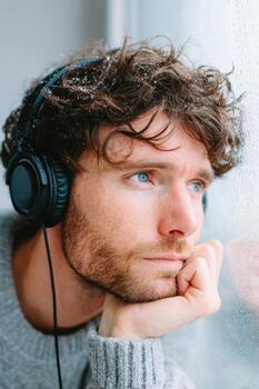 Man with headphones gazes thoughtfully out the window, reflecting on life while wearing a cozy sweater, creating a serene and introspective atmosphere with soft natural light photo