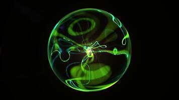 Abstract green neon transparent sphere, green energy movement, distorted electricity curve in a crystal ball, soft orb shape on a black background. Looping green circle, website animation. video