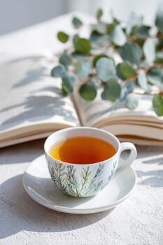 Open journal page with a decorative cup of tea on a saucer, surrounded by fresh eucalyptus leaves, creating a serene and inviting atmosphere for relaxation and reflection photo