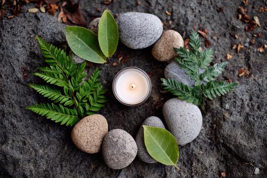 Natural elements arranged in a circular pattern with smooth stones, green leaves, and a lit candle, creating a serene and calming atmosphere for relaxation and mindfulness photo