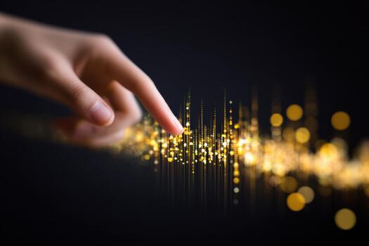 Hand reaching towards glowing digital interface with indigo hues, showcasing interaction with abstract data visualization and vibrant light patterns, emphasizing technology and innovation photo