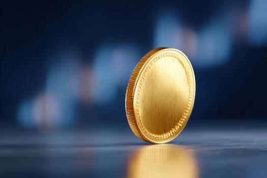 Glowing golden coin stands upright on a reflective surface, surrounded by an abstract blurred background, symbolizing wealth, prosperity, and financial growth in a conceptual setting photo