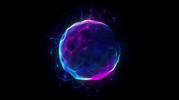 roxa brilhando energia esfera com fluindo partículas e radiante luz trilhas dentro Sombrio abstrato espaço futurista fundo, movimento Projeto elemento. desatado ciclo abstrato 3d esfera brilhando azul e Rosa video