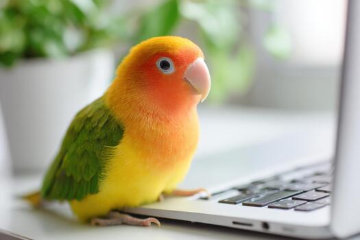 vistoso loro con vibrante plumas encaramado en ordenador portátil teclado, exhibiendo un juguetón Interacción con tecnología y naturaleza en un sereno interior ajuste con Copiar espacio foto