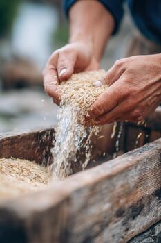 Hands pouring grain into a wooden container, showcasing the natural process of grain handling, emphasizing texture and craftsmanship in a rustic setting with earthy tones photo