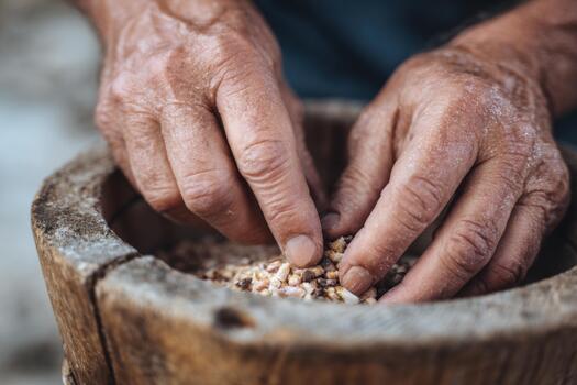 Close-up of weathered hands sorting grains in a rustic wooden bowl, showcasing the intricate details of manual labor and the connection to traditional agriculture practices photo