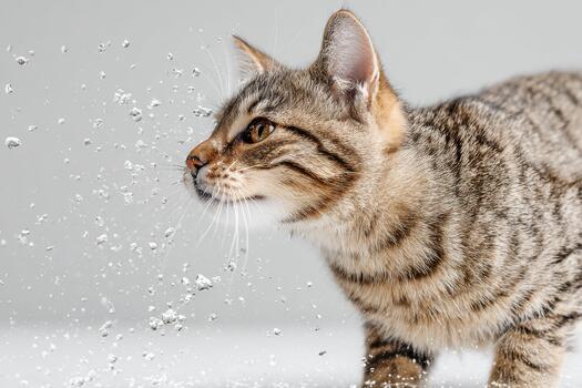 Cat shaking off water droplets, showcasing playful expression and fur texture, with a minimalist background emphasizing the dynamic motion and energy of the moment photo
