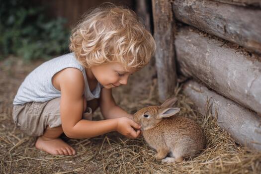 Small child with curly hair gently feeding a rabbit in a rustic setting, surrounded by straw and wooden elements, capturing a moment of innocence and connection with nature photo