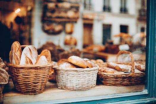 Bakery storefront with a variety of fresh bread displayed in woven baskets, showcasing artisanal craftsmanship and inviting ambiance with copy space for text photo