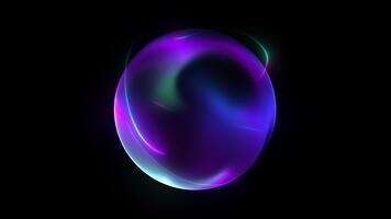 brillante multicolor esfera con verde, azul, púrpura degradado en negro antecedentes. resumen neón brillante energía de esfera Moviente con mágico líneas, óptico rotación de pelota, 4k bucle, circular plasma video