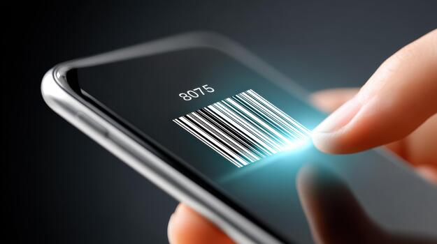 Smartphone scanning a barcode with a finger, showcasing modern technology and digital interaction, emphasizing convenience and efficiency in retail transactions photo