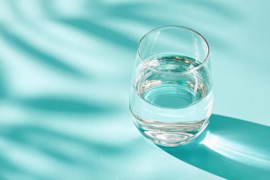 Glass of water casting soft shadows on aqua surface, highlighting reflections and textures, creating a serene and refreshing atmosphere with copy space for design photo