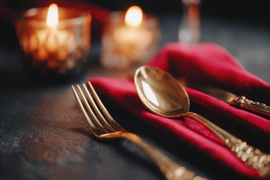 Elegant holiday table setting featuring ruby red napkin, golden cutlery, and soft candlelight creating a warm and inviting atmosphere for festive gatherings photo