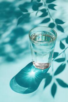 Glass of water casting soft shadows on aqua surface, highlighting reflections and textures, creating a serene and refreshing atmosphere with copy space photo