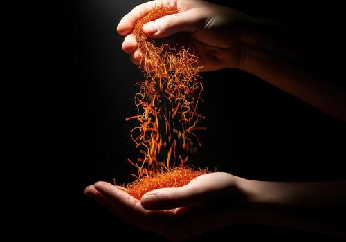 Hands pouring a cascade of luxurious red gold saffron threads onto a palm. photo
