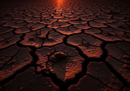 intenso cerca arriba de agrietado seco barro textura iluminado por ardiente rojo ligero. foto