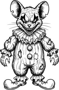 Sinister mouse character dressed in a tattered clown costume with sharp teeth and a menacing grin vector