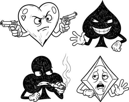 Collection of playing card suit characters featuring various dramatic expressions and actions for game themes vector