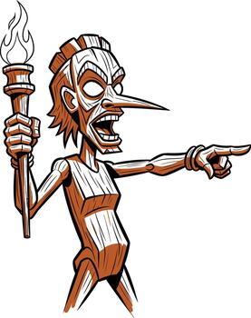 Stylized wooden figure with a long nose holds a burning torch and points dramatically forward vector